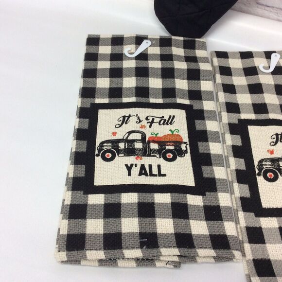 "It's Fall Y'all" 3 Piece Kitchen Set Black/White Buffalo Check Truck & Pumpkins - Picture 3 of 7